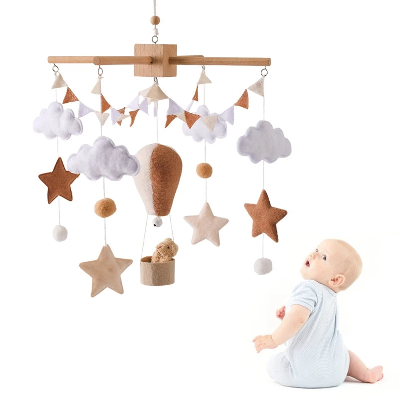 Baby Crib Mobile Wooden Bed Bell Rattle Toy Soft Felt Hot Air Balloon Wind Chime Pendant Newborn Comfort Bed Bell Toys Baby Gift